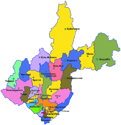 Подробная карта Иркутской области России с городами