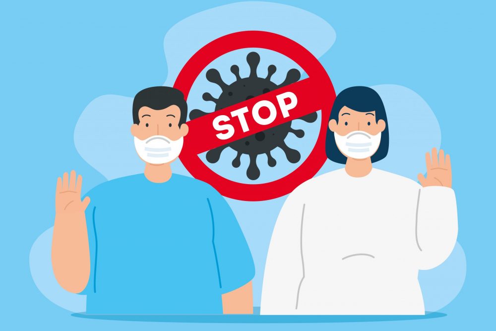 campaign of stop 2019 ncov with couple using face mask vector illustration design
